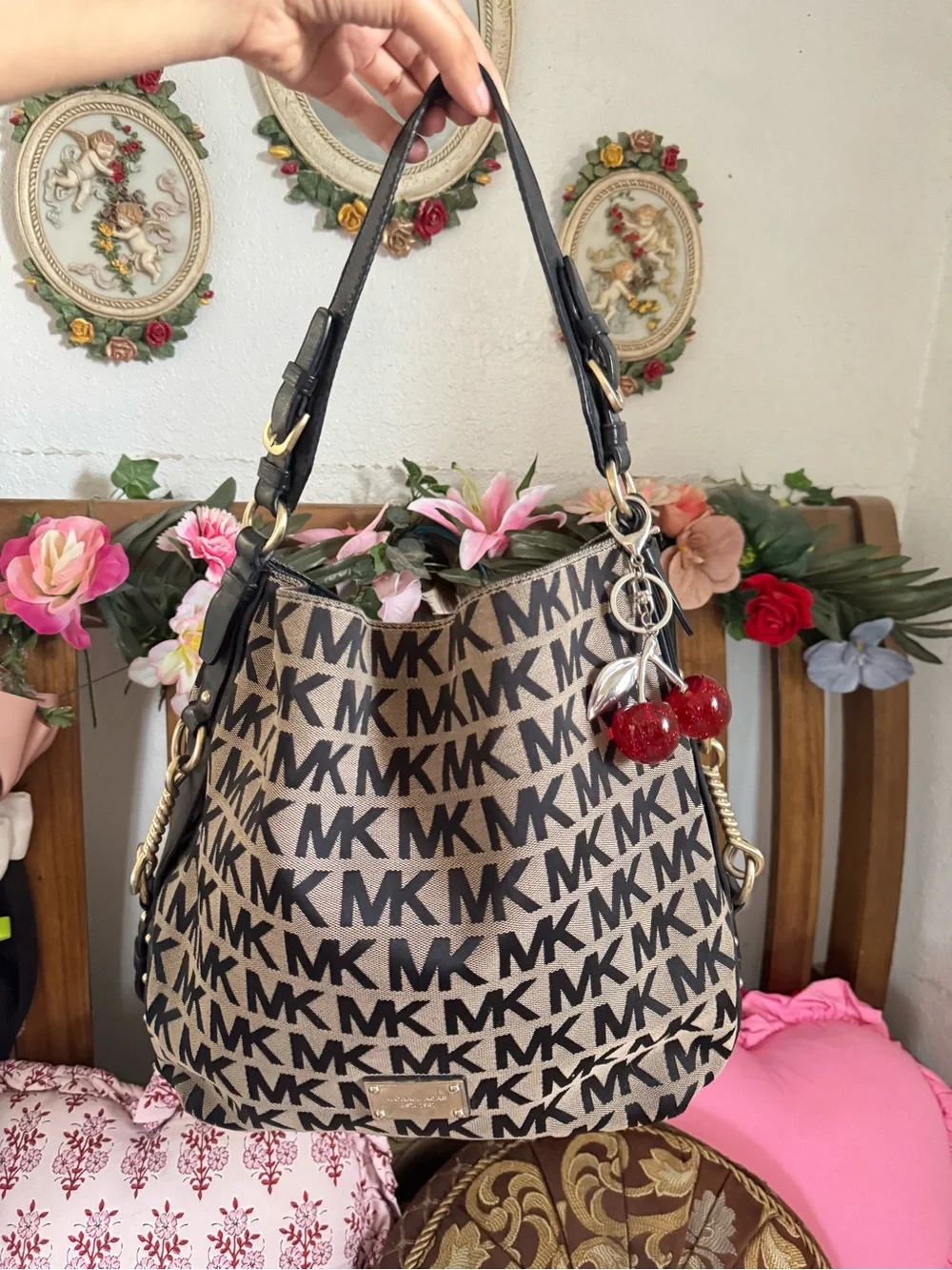 Michael Kors monogram hobo bag black and grey with silver accents